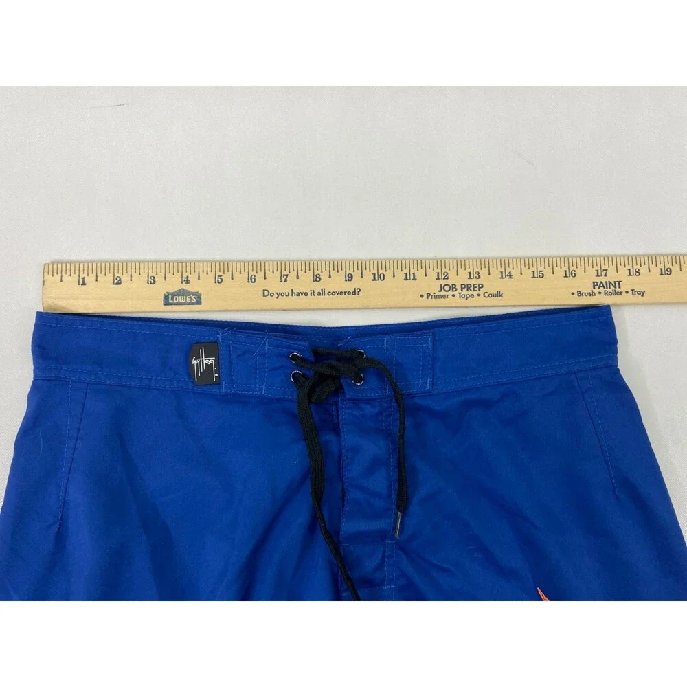 Guy Harvey Men 32 Blue Boardshorts Orange Marlin Embroidered Logo Beach Surf